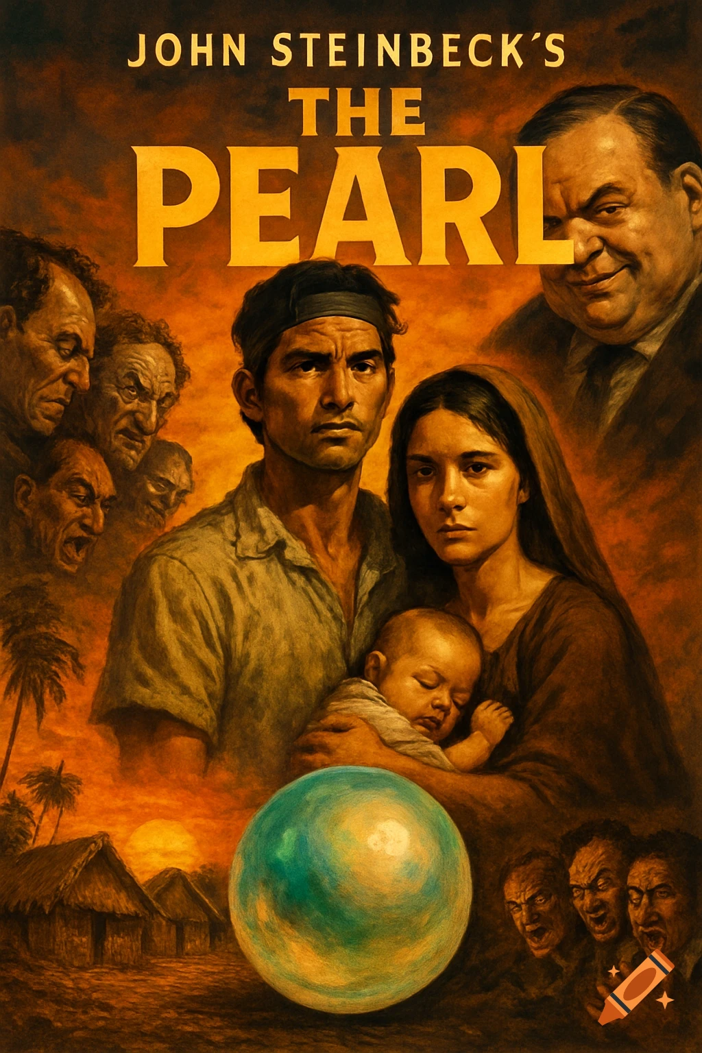 Illustrated movie poster for John Steinbeck's The Pearl, featuring a family, a large pearl, and other characters, against a sunset village background.