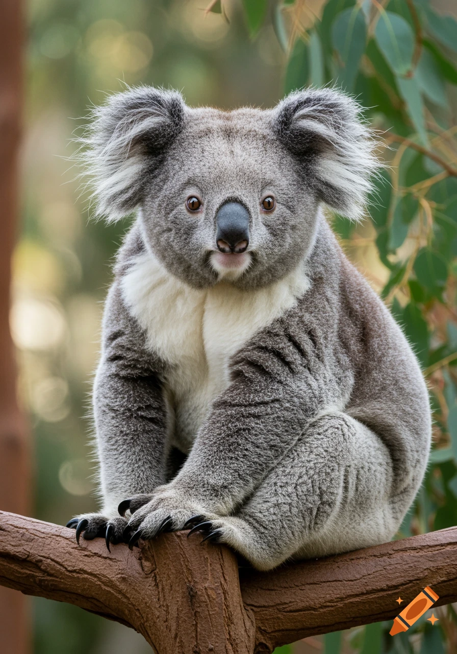 A photorealistic koala with big ears sitting on a tree branch, looking at the viewer.