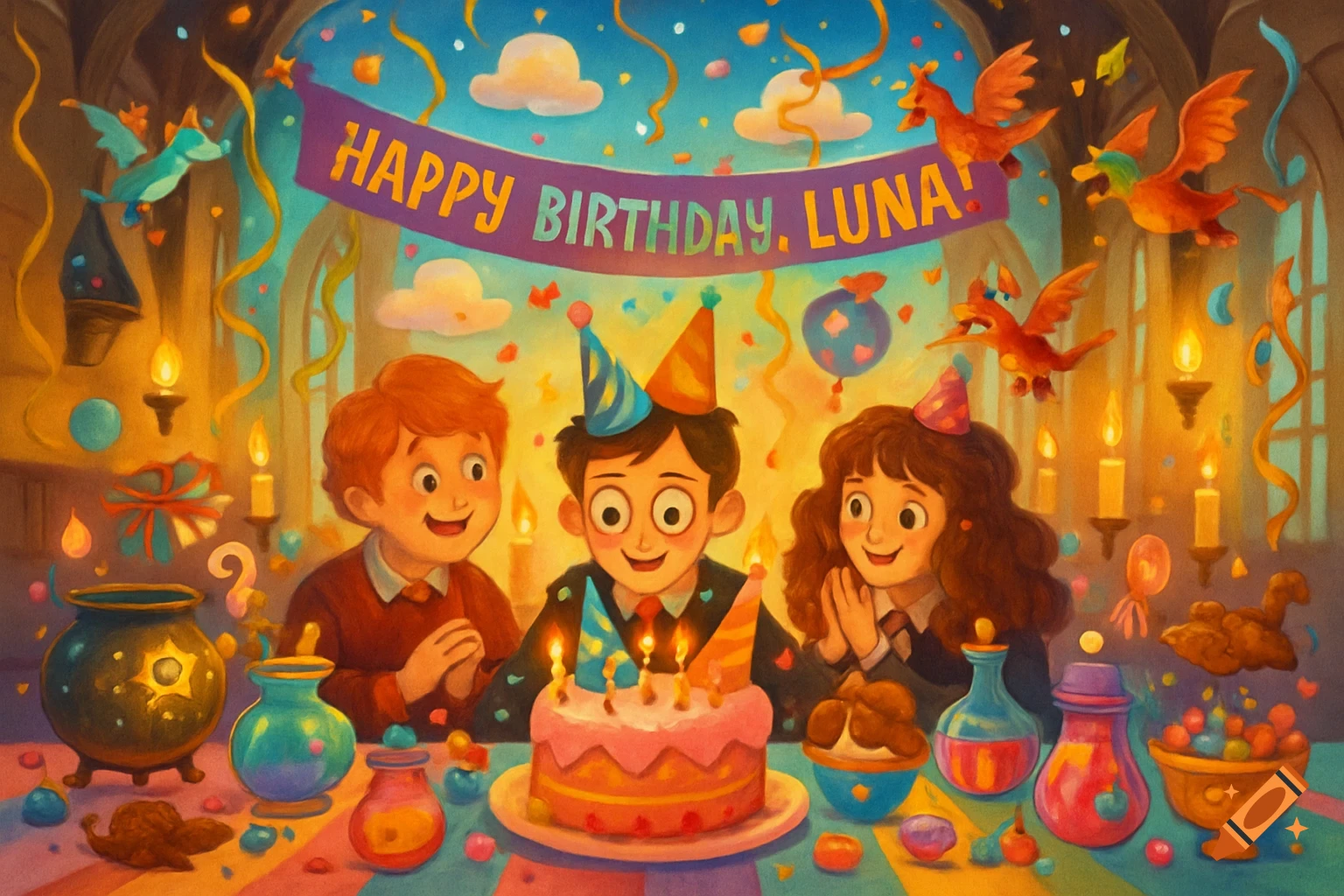 A whimsical storybook illustration of a magical birthday party in a grand hall, with three children around a cake, a banner reading "Happy Birthday, Luna!", and fantasy elements like dragons and floating objects.