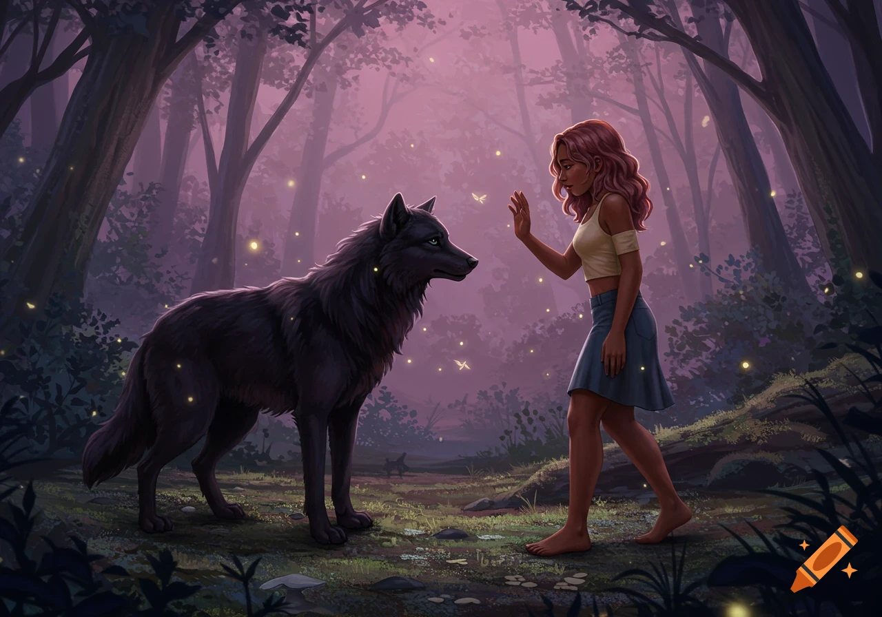 A woman with rose gold hair stands barefoot in a dusky, magical forest, facing a black wolf as glowing fireflies float around them. Digital art.