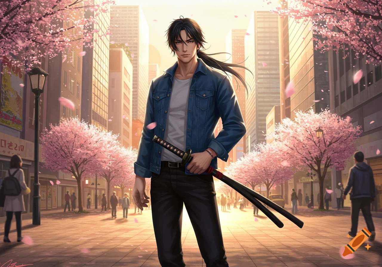 Anime man with long dark hair in a denim jacket holds a katana on a city street with pink cherry blossom trees at sunset.