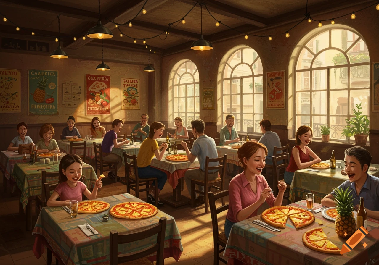 A lively restaurant scene with many people happily eating pizza at tables, some with pineapple toppings, under string lights.