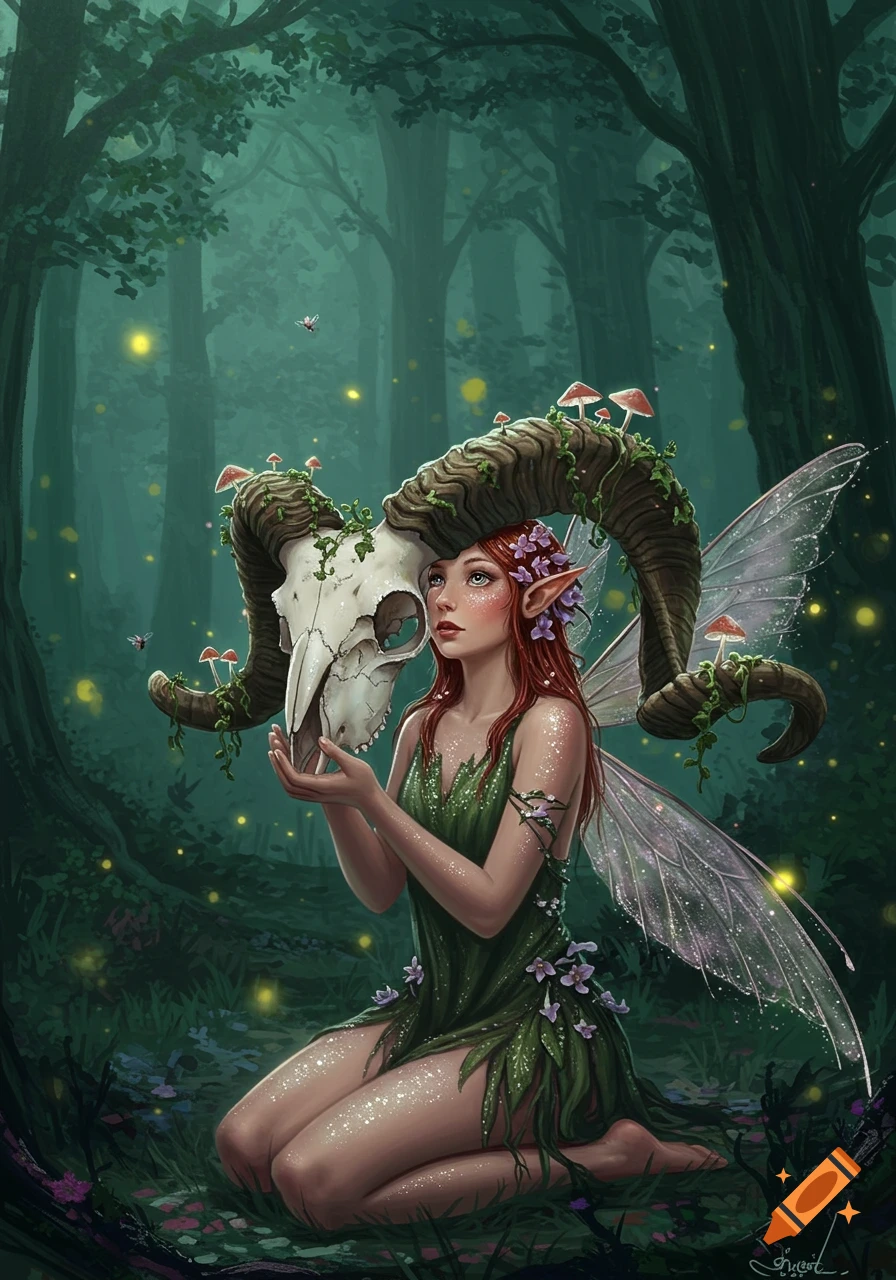 A red-haired pixie with wings kneels in a magical forest, holding a moss-covered ram's skull adorned with mushrooms.