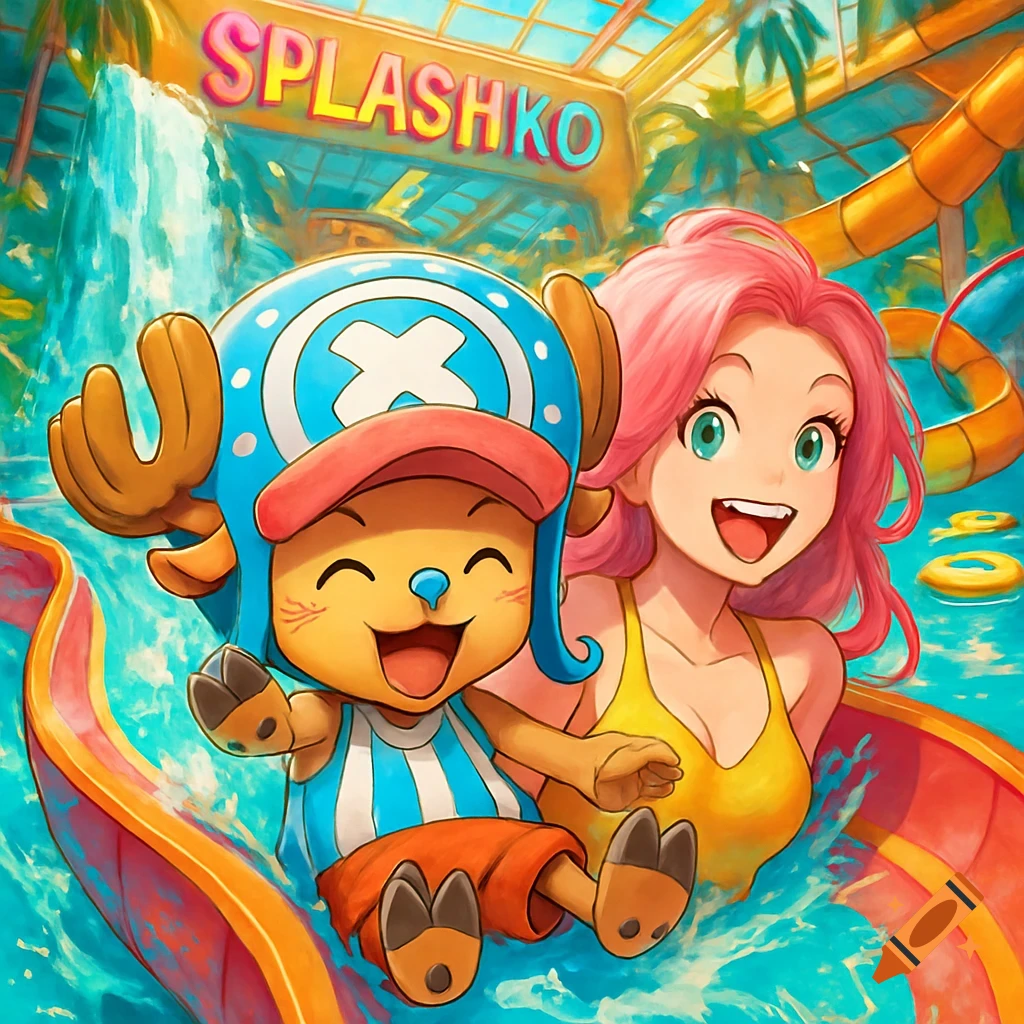 Anime style image of Tony Tony Chopper and a pink-haired woman happily sliding down a waterslide at an indoor waterpark called SplashKo.