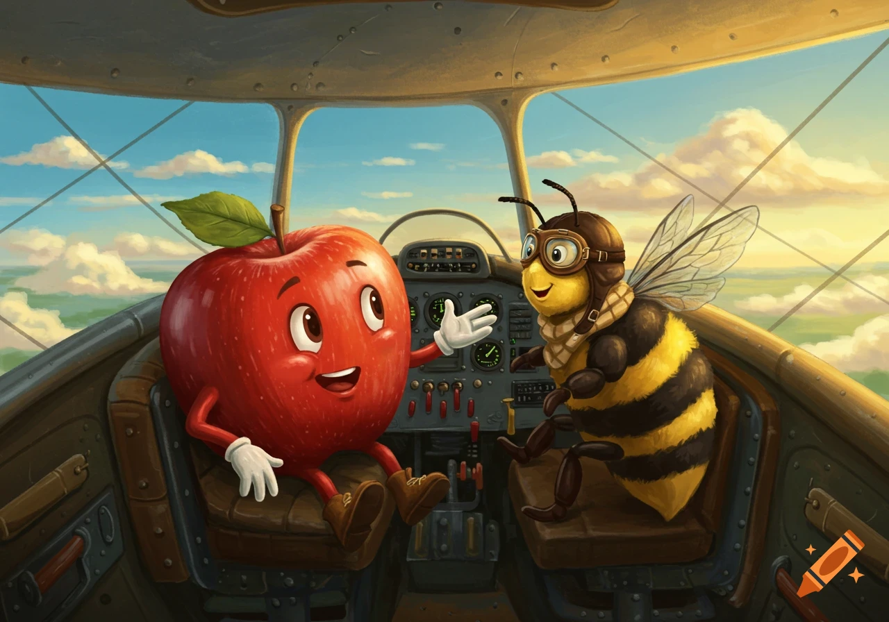 A whimsical illustration of an anthropomorphic apple and a bumblebee in an airplane cockpit flying through clouds.