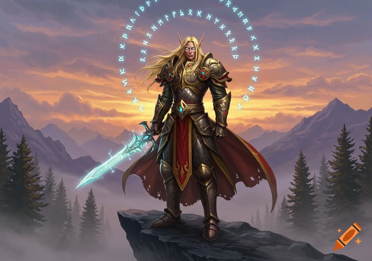 A blonde-haired elf paladin in golden armor stands on a cliff with a glowing sword, under an arc of magical runes, against a sunset mountain backdrop.
