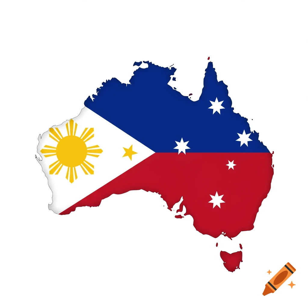 Map outline of Australia filled with the design of the Philippine flag, featuring a sun, stars, and blue, white, and red colors.