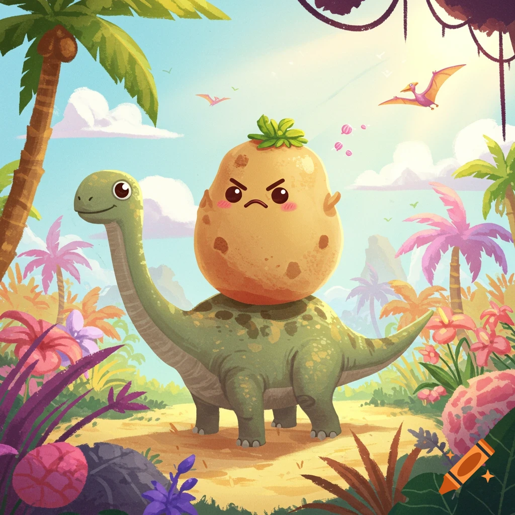 A cute, angry potato rides on the back of a friendly green dinosaur in a vibrant tropical jungle with palm trees and pterodactyls flying.