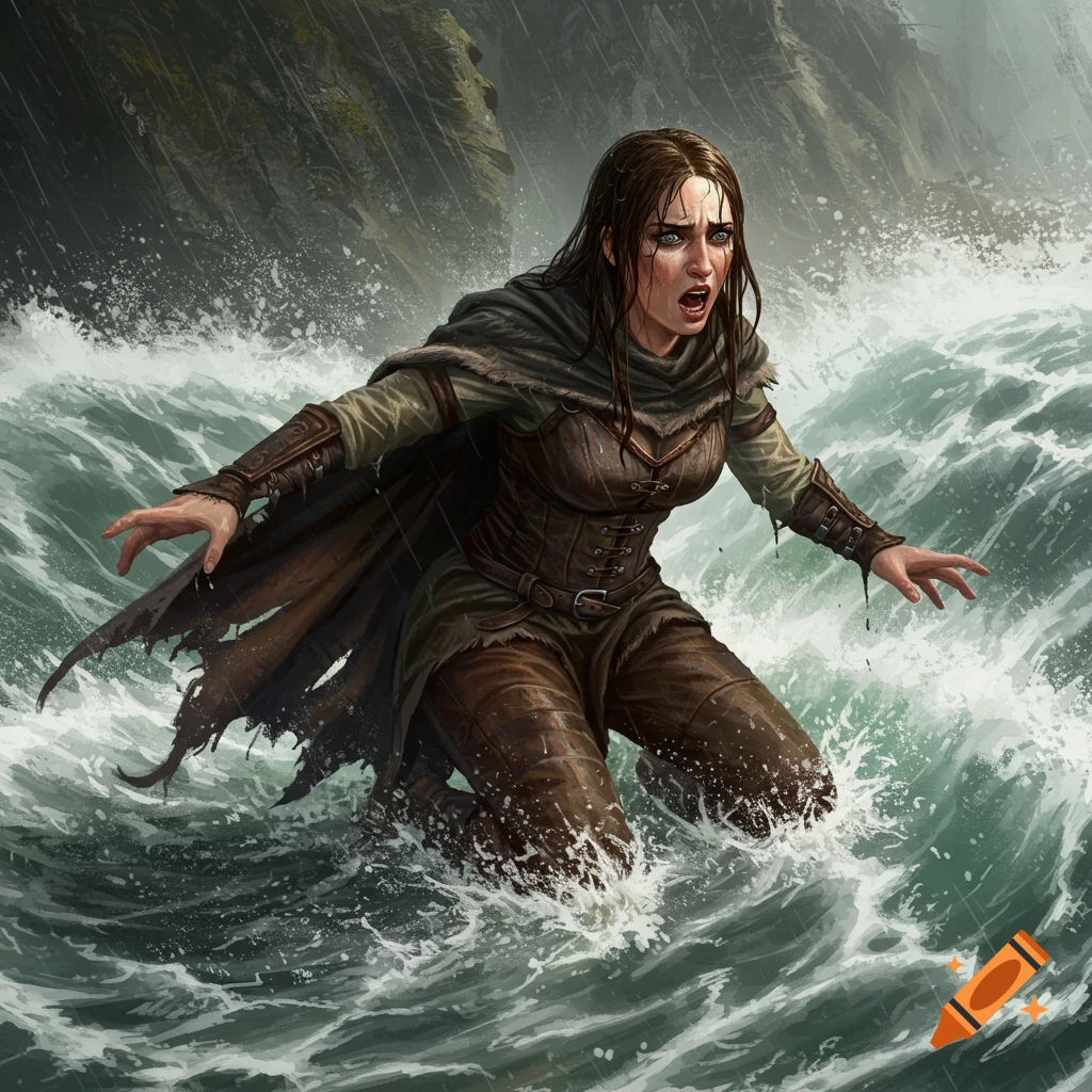 A fantasy warrior woman, drenched and panicked, struggles against river rapids in heavy rain. She wears brown leather armor and a cloak.
