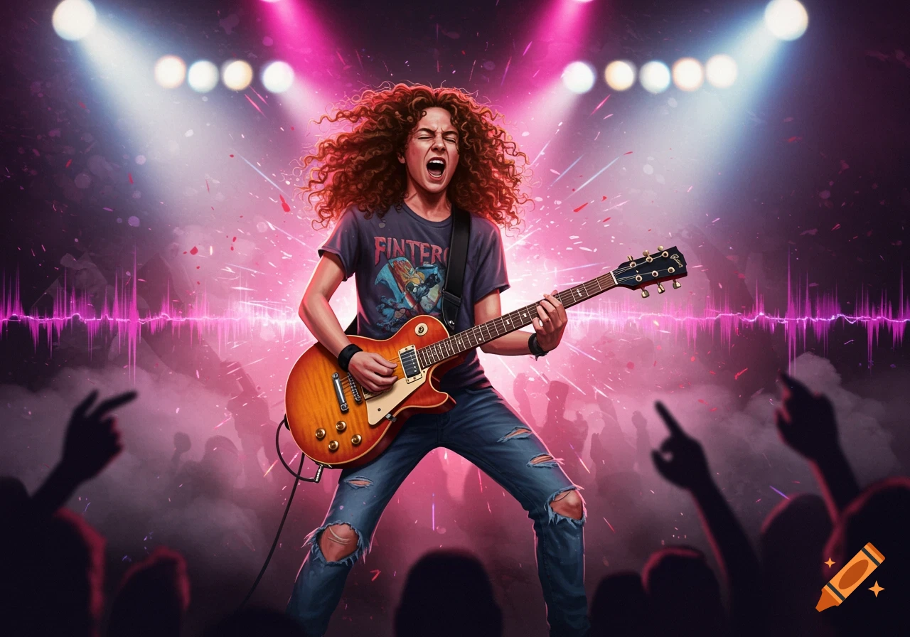 A male rock guitarist with long curly hair screams while playing an electric guitar on a brightly lit stage with an audience.