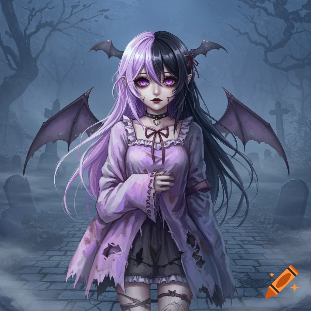 Anime illustration of a zombie vampire girl with split lilac and black hair, purple eyes, and bat wings in a foggy cemetery.