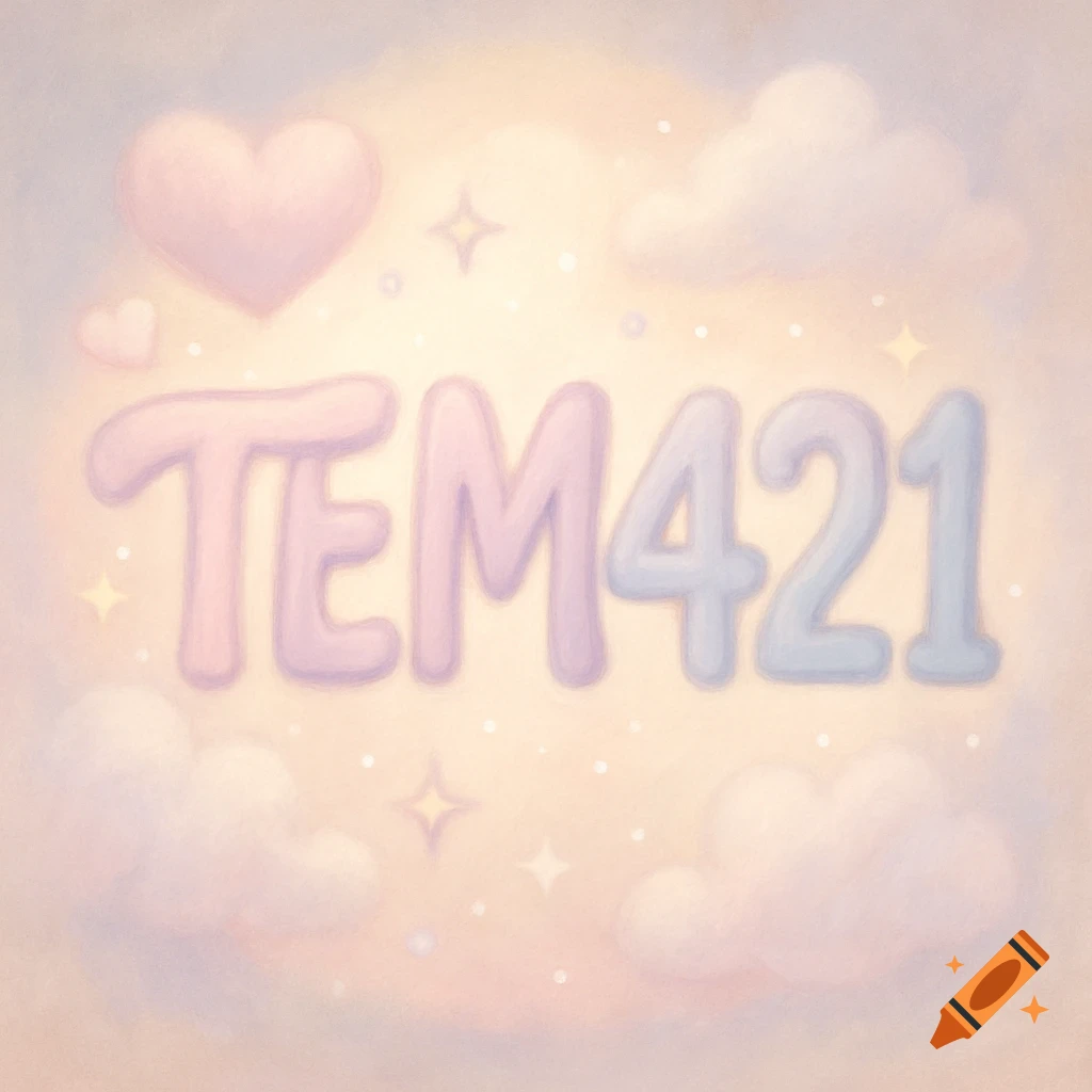 The text TEM421 in pink and blue puffy letters on a soft pastel background with clouds, hearts, and stars.
