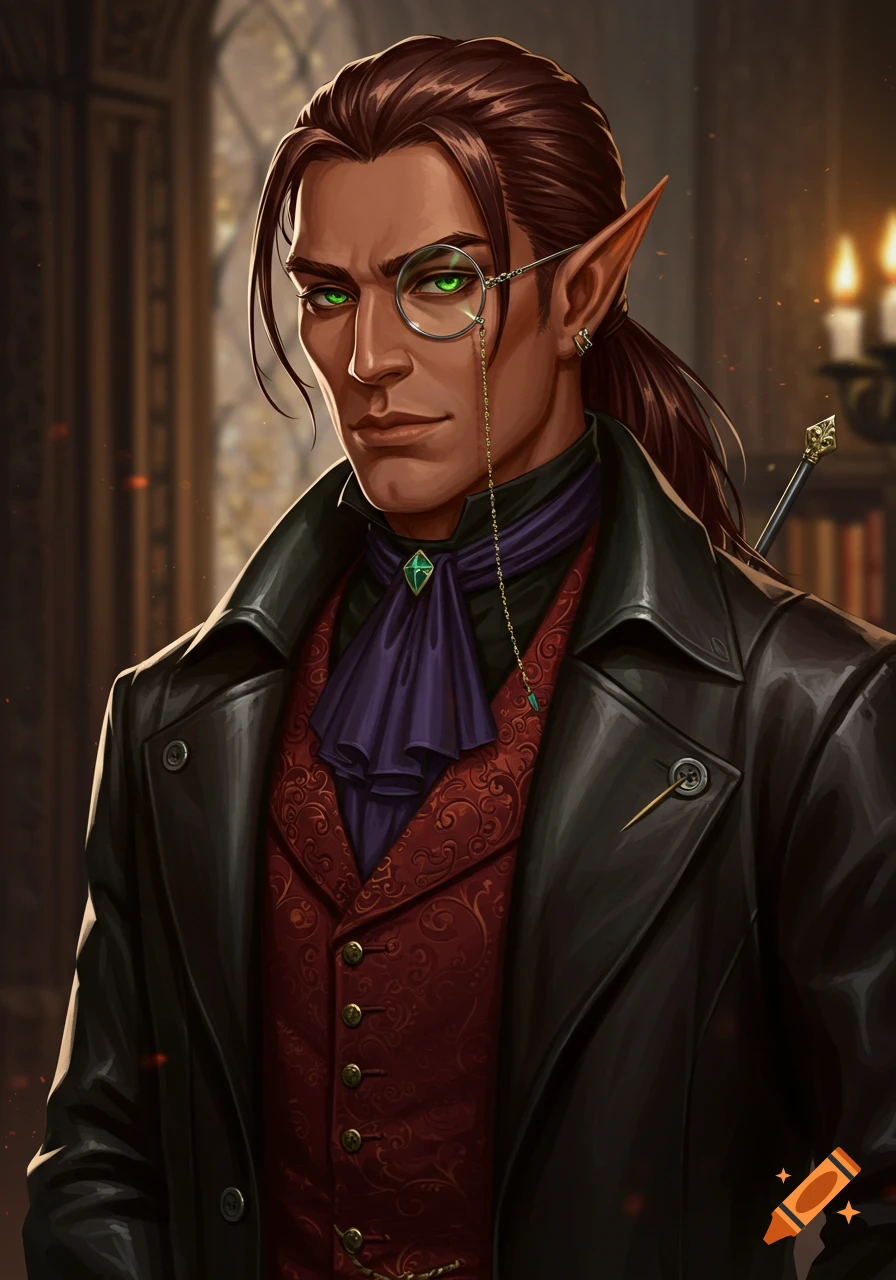 A regal male elf with tan skin, dark auburn hair, and piercing green eyes wearing a silver monocle, black coat, and red vest.