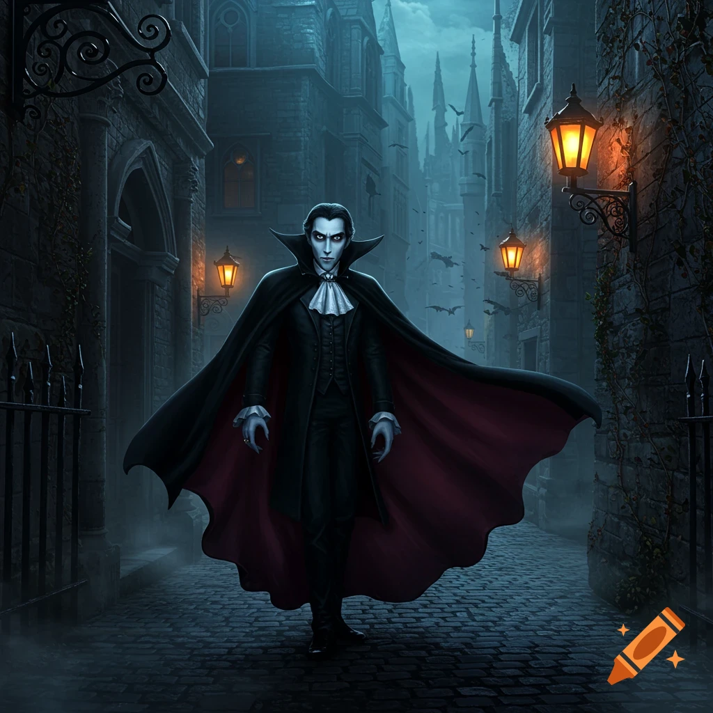 A pale vampire with red eyes and fangs stands in a dark gothic alley, wearing a black suit and red-lined cape. Bats fly overhead.