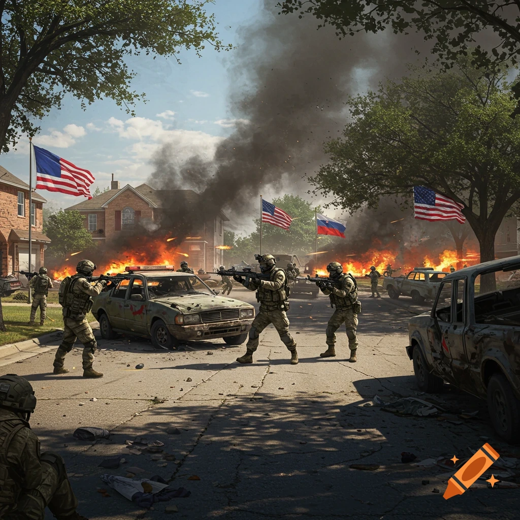 Photorealistic image of soldiers with rifles engaged in combat on a burning suburban street with American and Russian-like flags flying.