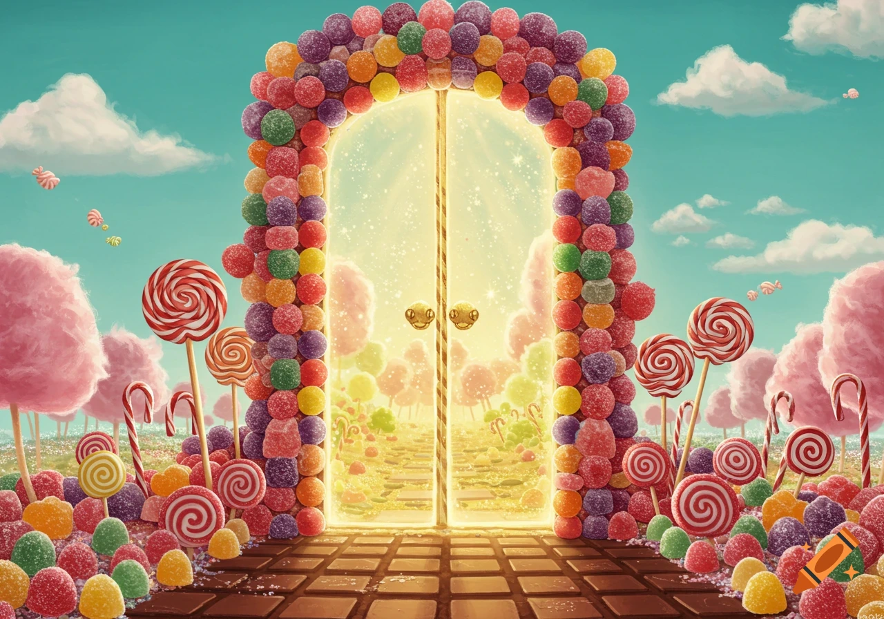 A vibrant, whimsical candy land with a glowing magical door made of colorful gumdrops, chocolate path, lollipops, and cotton candy trees.