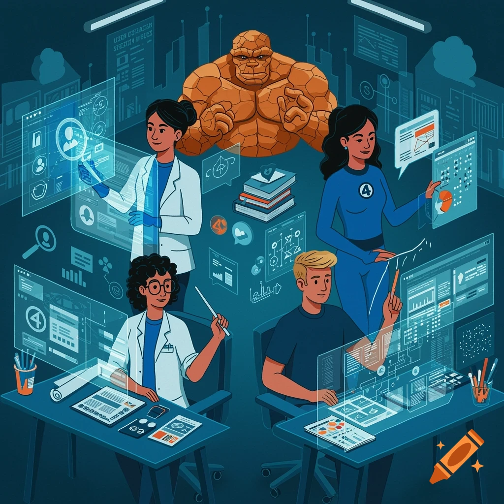 An illustration of four characters, including The Thing, working with holographic data interfaces and screens, symbolizing user-centered design.