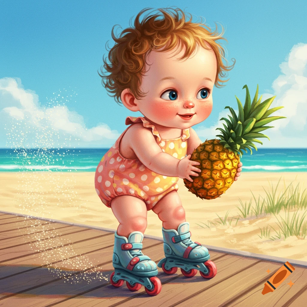 A cute cartoon baby rollerblades on a beach boardwalk, holding a pineapple, with the ocean in the background.