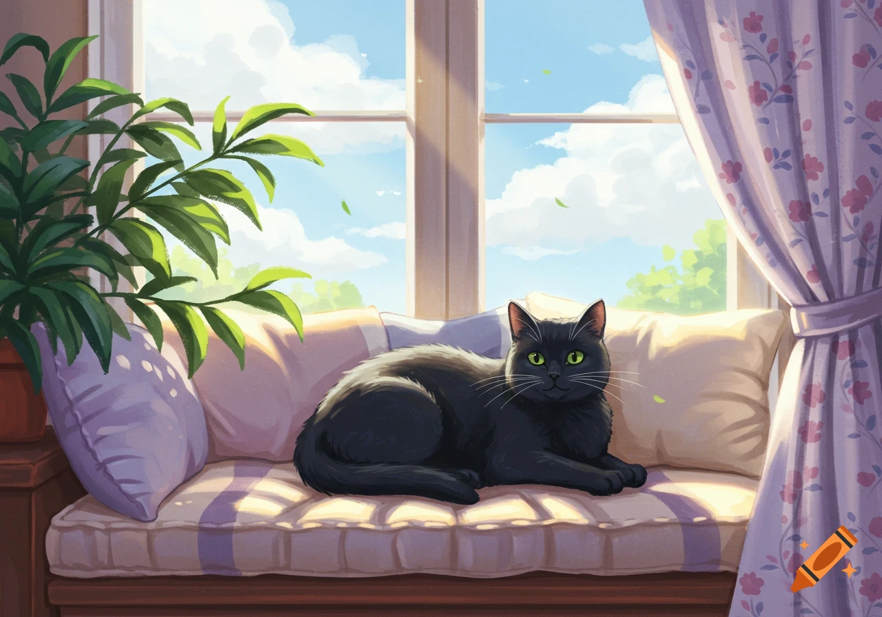 A black cat with green eyes rests on a striped window seat cushion in a brightly lit room with a plant and floral curtains, in an illustration style.