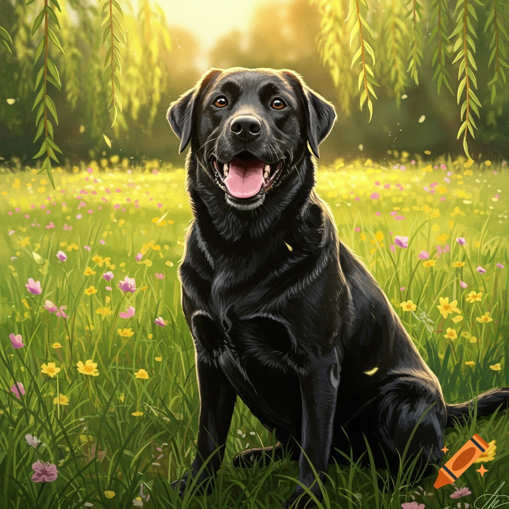A happy black Labrador Retriever dog sitting in a sunny field of green grass and wildflowers with willow branches.