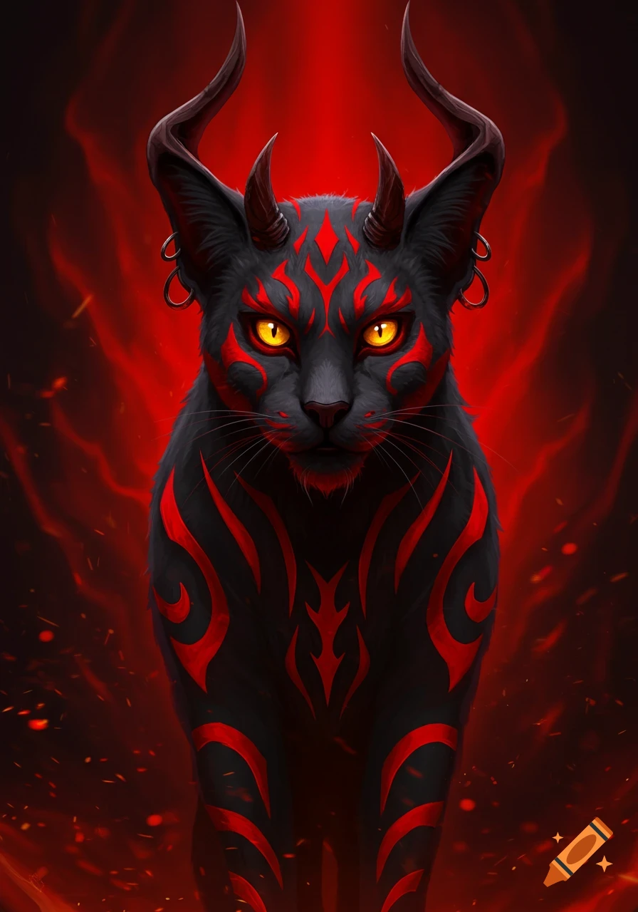 A black cat with red Darth Maul-style markings, horns, and glowing yellow eyes stands against a fiery red background.