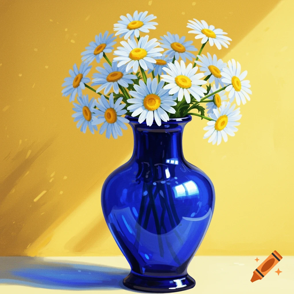 A vibrant illustration of white daisies with yellow centers in a blue vase against a yellow background.