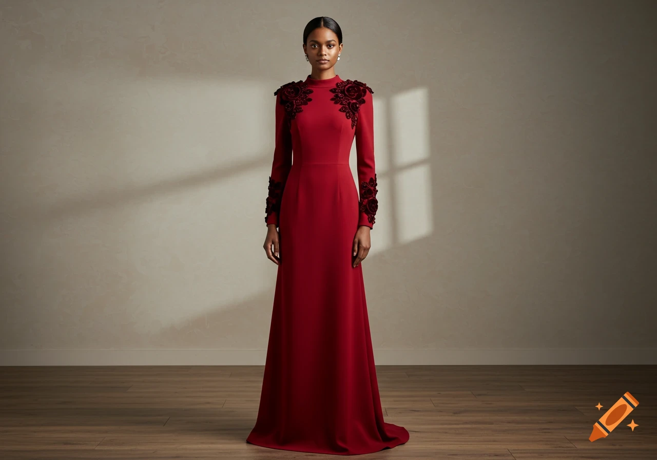 A dark-skinned woman models a ruby-red evening dress with dark burgundy velvet floral appliques on the shoulders and cuffs, standing against a neutral wall.