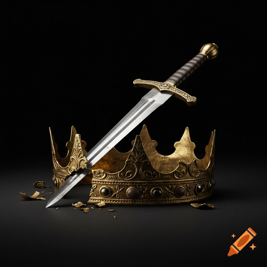 A detailed, realistic image of a golden, ornate king's crown broken in half, with a sword piercing through it, on a black background.