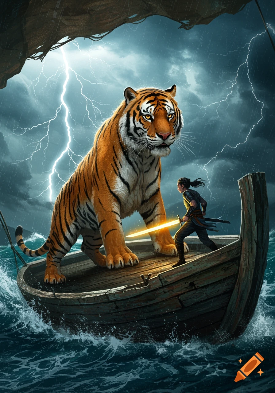 A giant tiger stands on a wooden boat with a person wielding a glowing sword, under a lightning-filled storm sky.