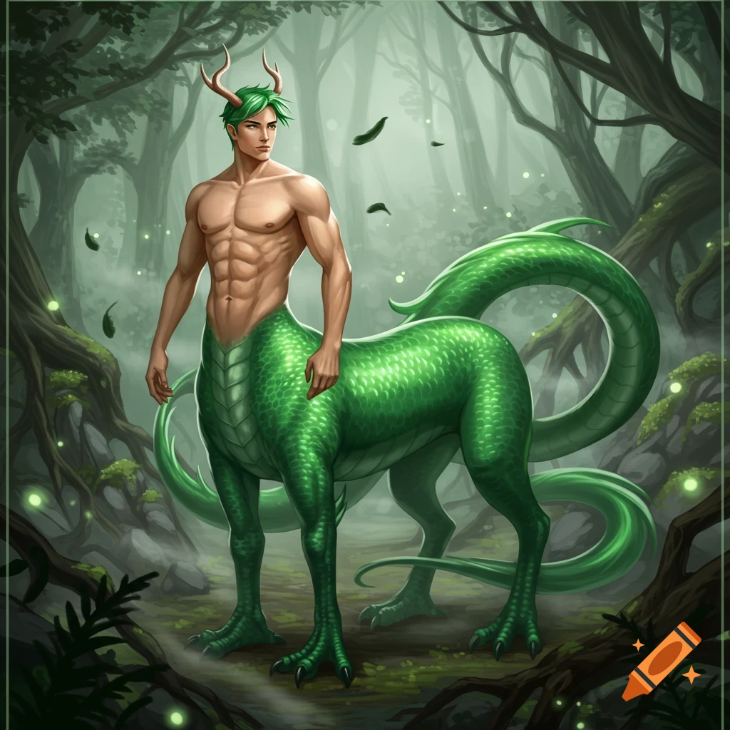 A muscular male dragontaur with green hair and antlers, a human torso, and a green scaled dragon body, stands in a mystical forest.
