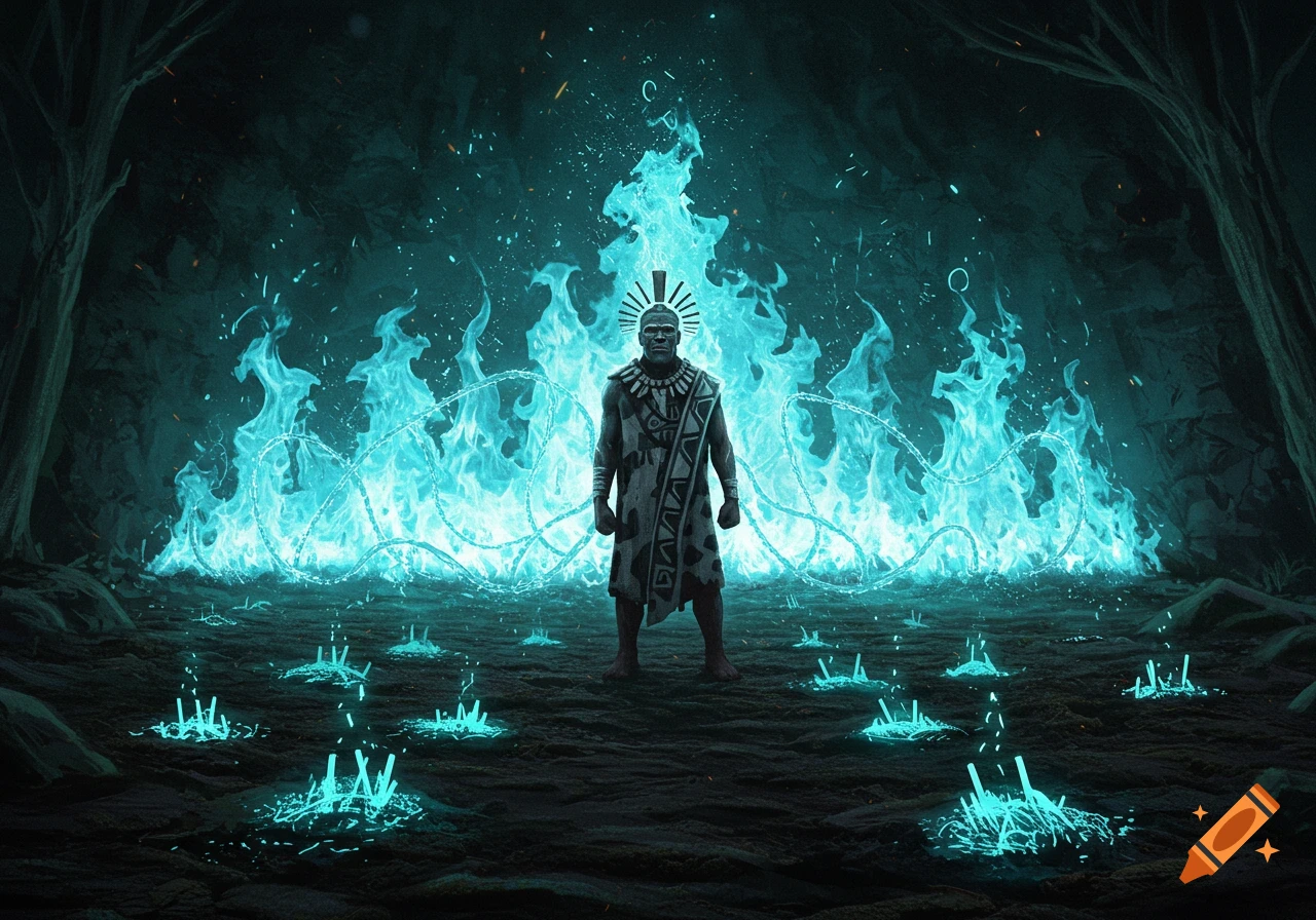 A tribal figure stands in a dark cave surrounded by glowing blue flames and crystals.