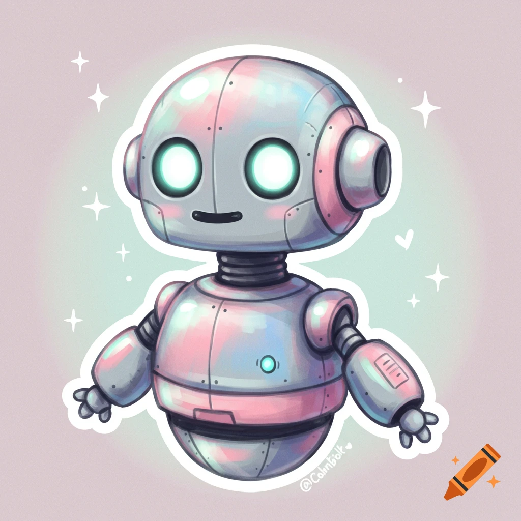 A cute, round, smiling robot with glowing eyes in pastel colors, depicted in a sticker art style.