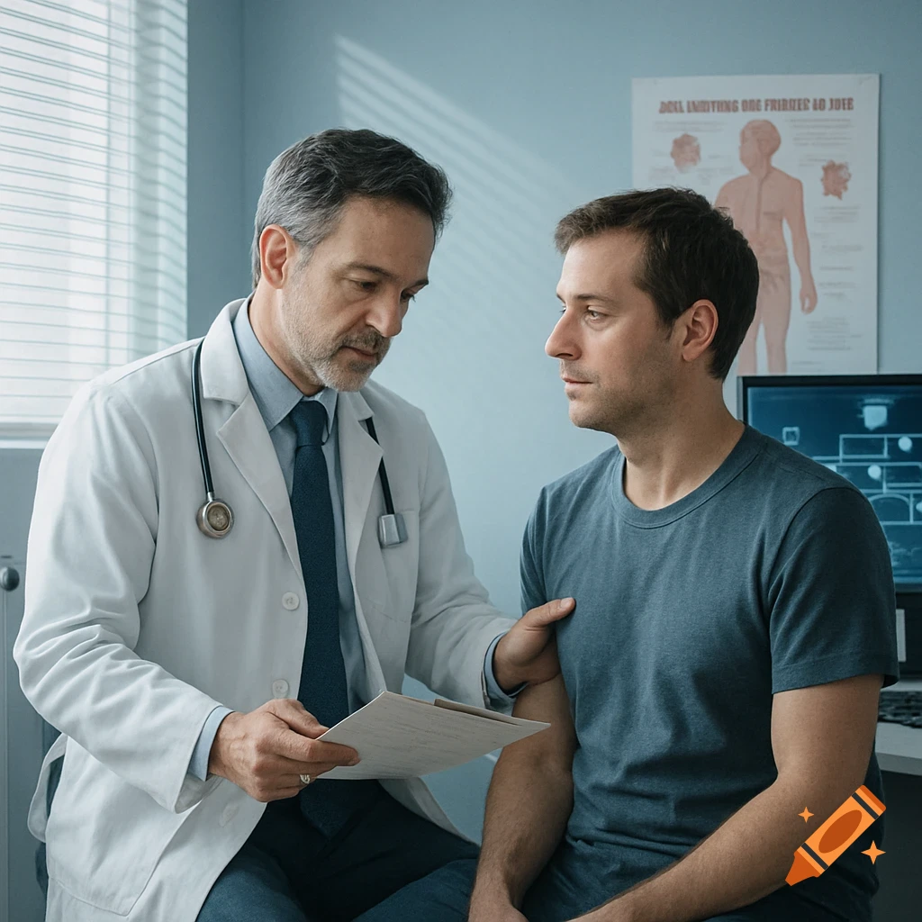A male doctor in a white coat talks to a male patient in a blue t-shirt in an examination room.