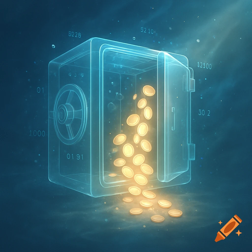A glowing, transparent safe with an open door, spilling bright gold coins. Abstract blue background with floating numbers.
