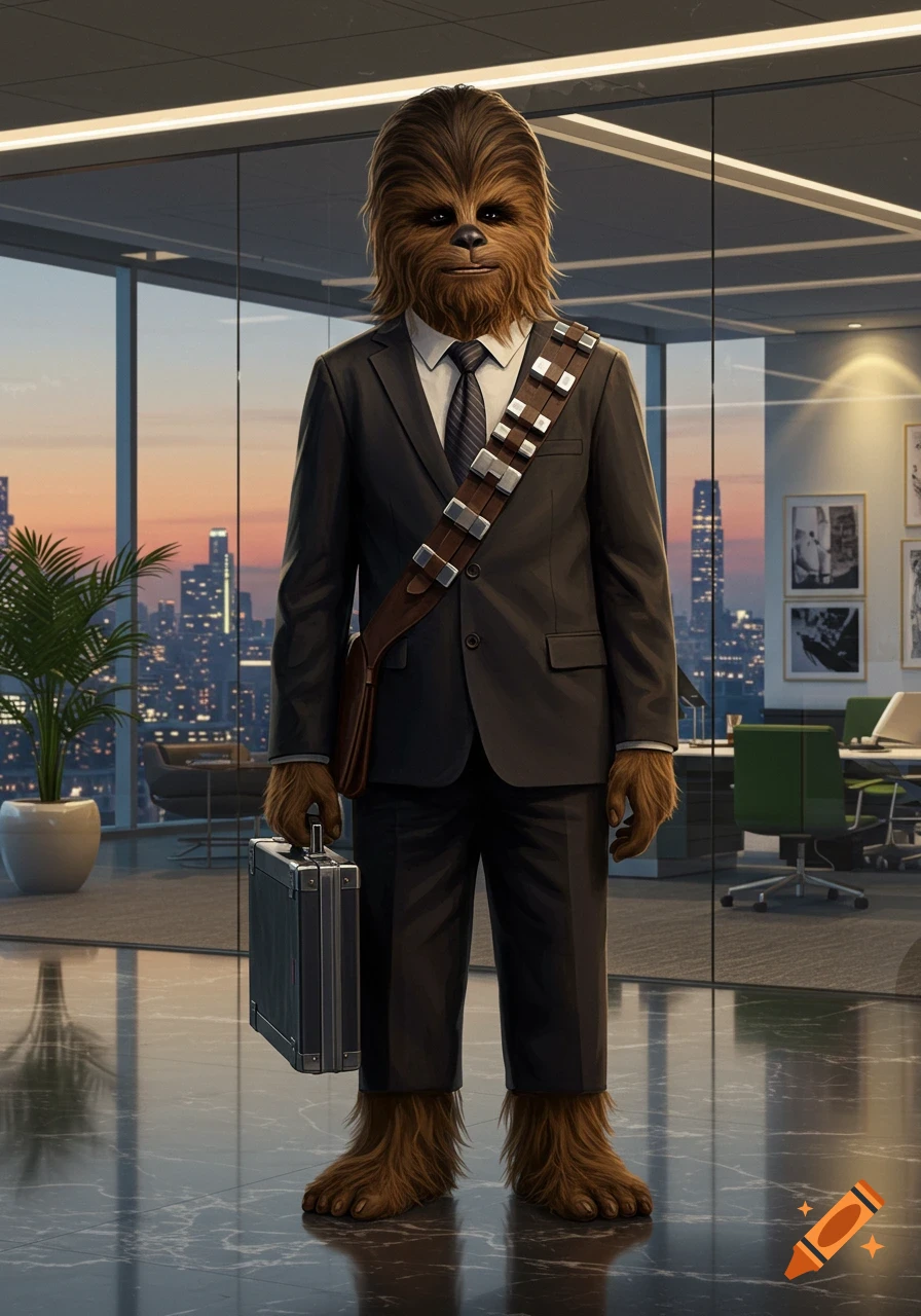 Photorealistic image of Chewbacca in a dark suit holding a briefcase, standing in a modern office with a city view at sunset.