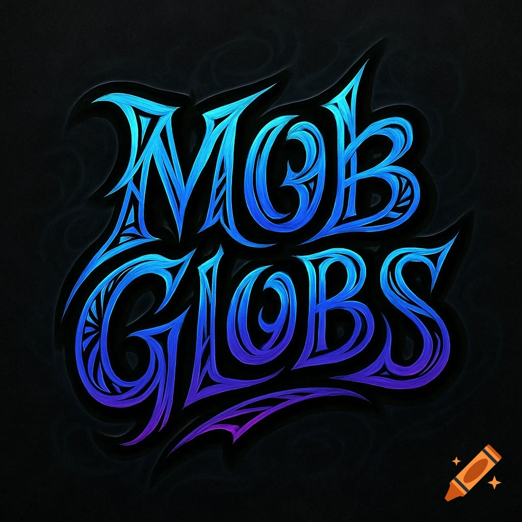 Stylized blue and purple text spelling 'Mob Globs' on a dark background, in a new age tattoo art style.