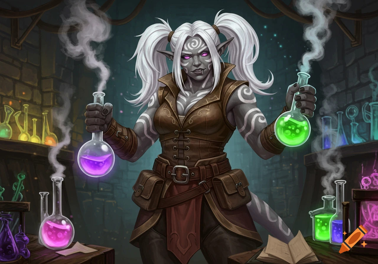 A female goliath alchemist with white pigtails and grey skin with swirl markings holds two smoking beakers filled with colorful liquids in a magical laboratory.