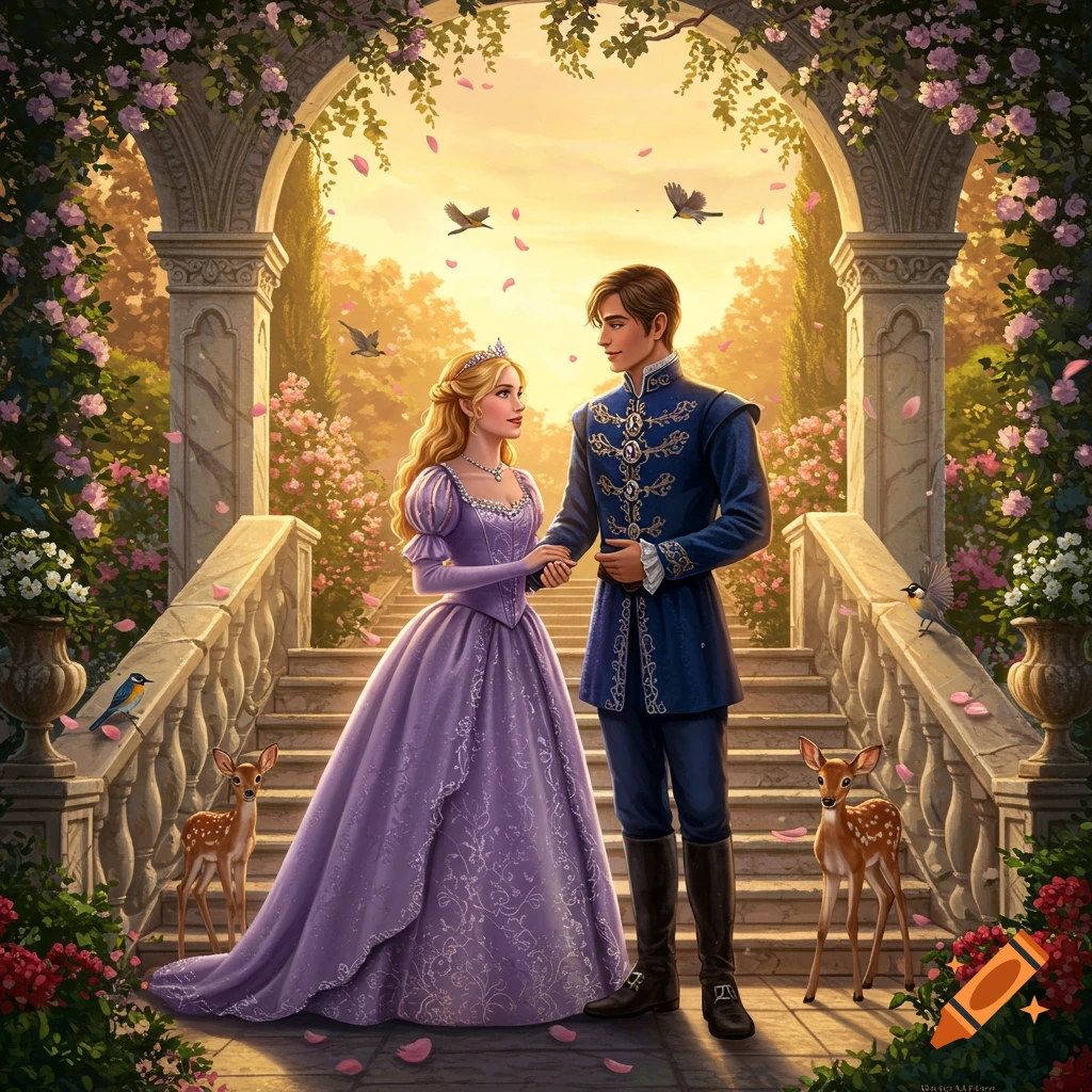 A prince and princess, holding hands, stand on an ornate garden staircase adorned with flowers and arches at sunset, with deer and birds nearby.