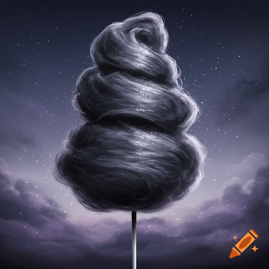 A dark, swirly cotton candy on a stick against a starry night sky with purple clouds.
