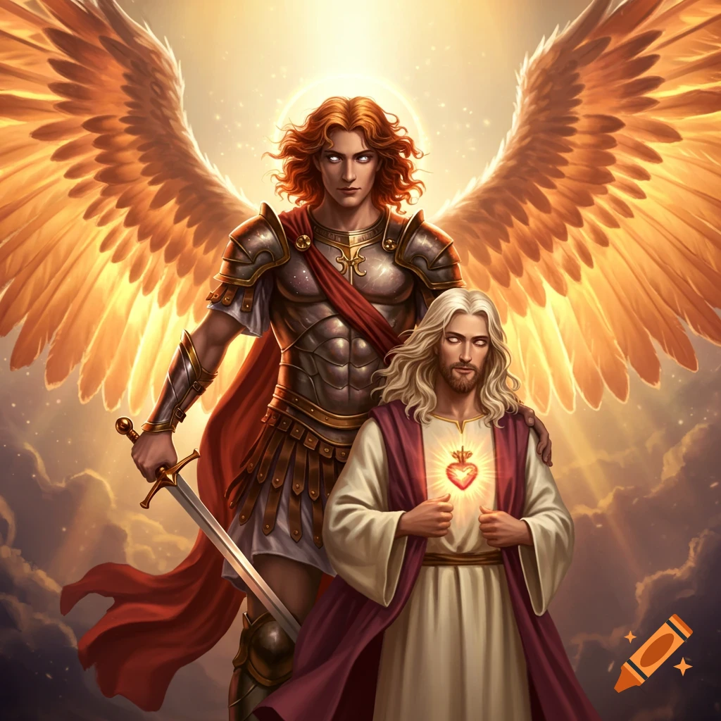 Archangel Michael with golden wings and a sword stands behind Jesus with a glowing Sacred Heart in a heavenly scene.