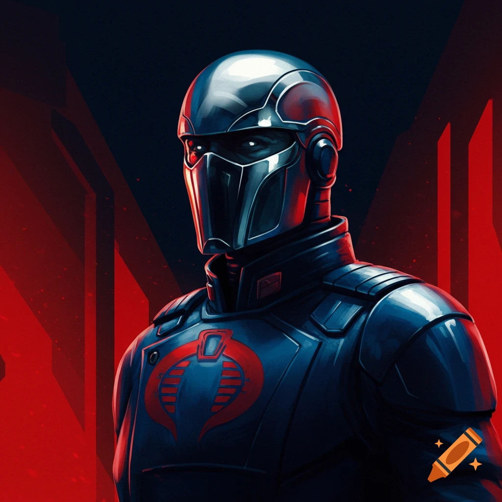 Illustrative portrait of Cobra Commander in a metallic blue and grey suit with a red Cobra insignia against a dark and red background.