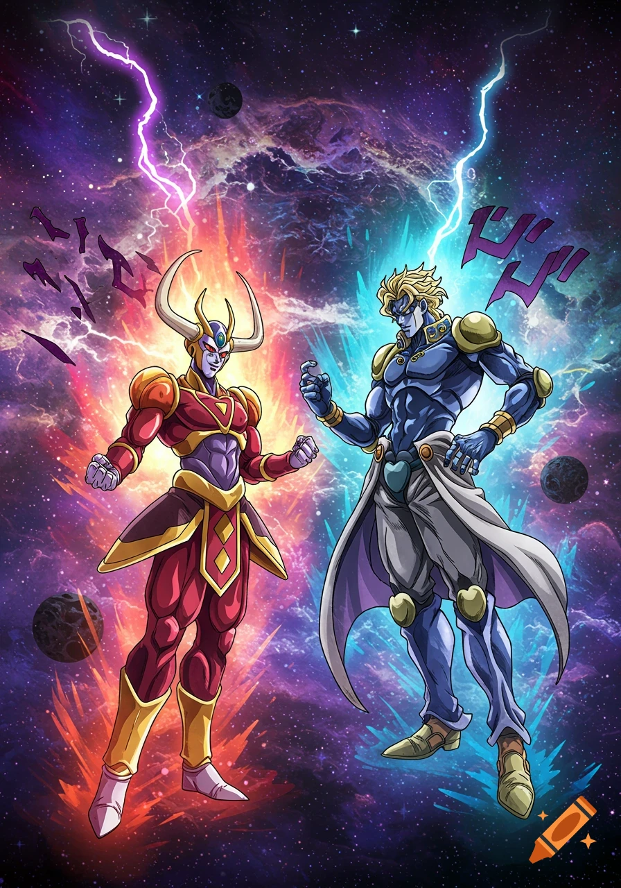 Hearts from Dragon Ball Heroes and Dio from Jojo's Bizarre Adventure stand in a cosmic scene with lightning.