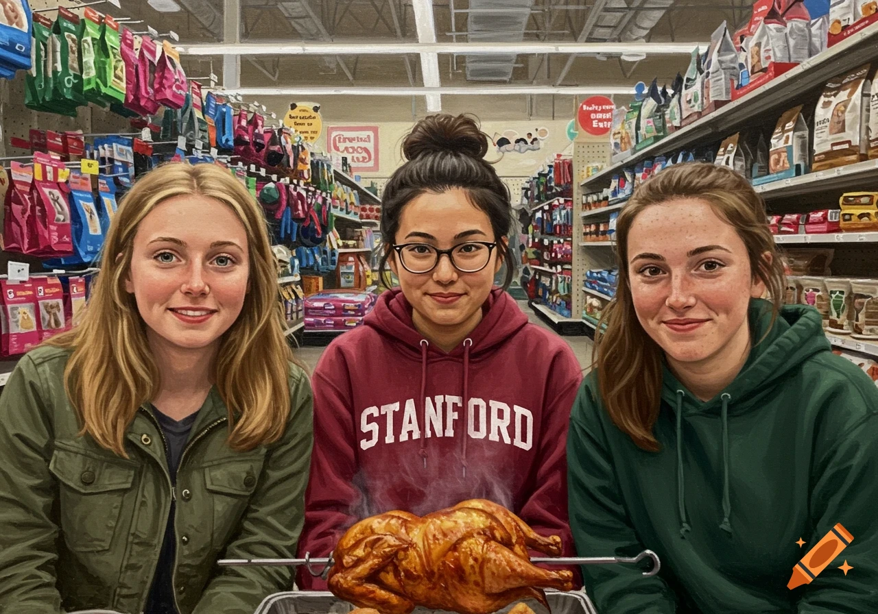 Three young women in a grocery store, with a rotisserie chicken on a spit in front of them, photorealistic.