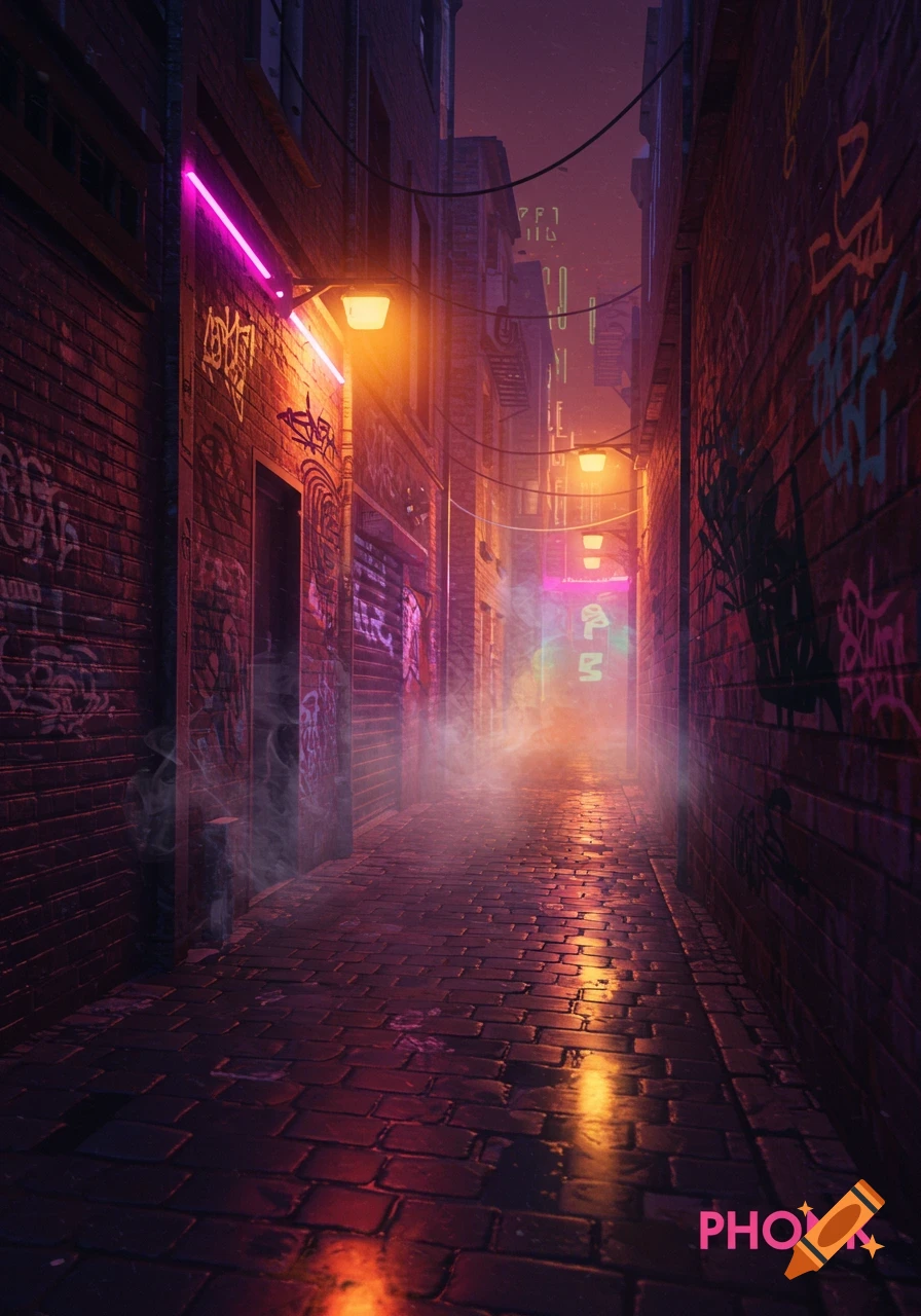 A dark, foggy urban alleyway with brick walls covered in graffiti, illuminated by neon lights and glowing street lamps reflecting on wet cobblestone. The word PHONK is in pink text at the bottom right.