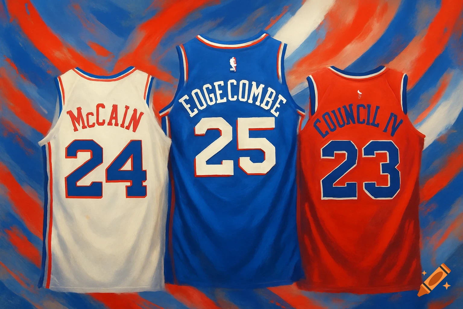 Three basketball jerseys, white McCain 24, blue Eogecombe 25, and red Council IV 23, against a blue and red painterly background.