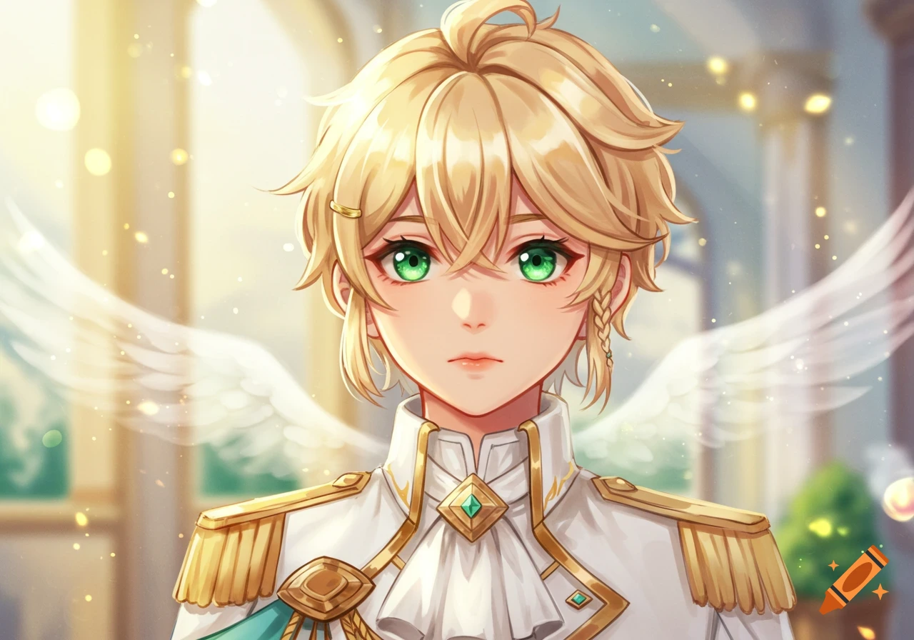 Anime-style portrait of a blond-haired boy with green eyes and white wings, wearing noble white and gold clothing, set against a bright, ethereal background.