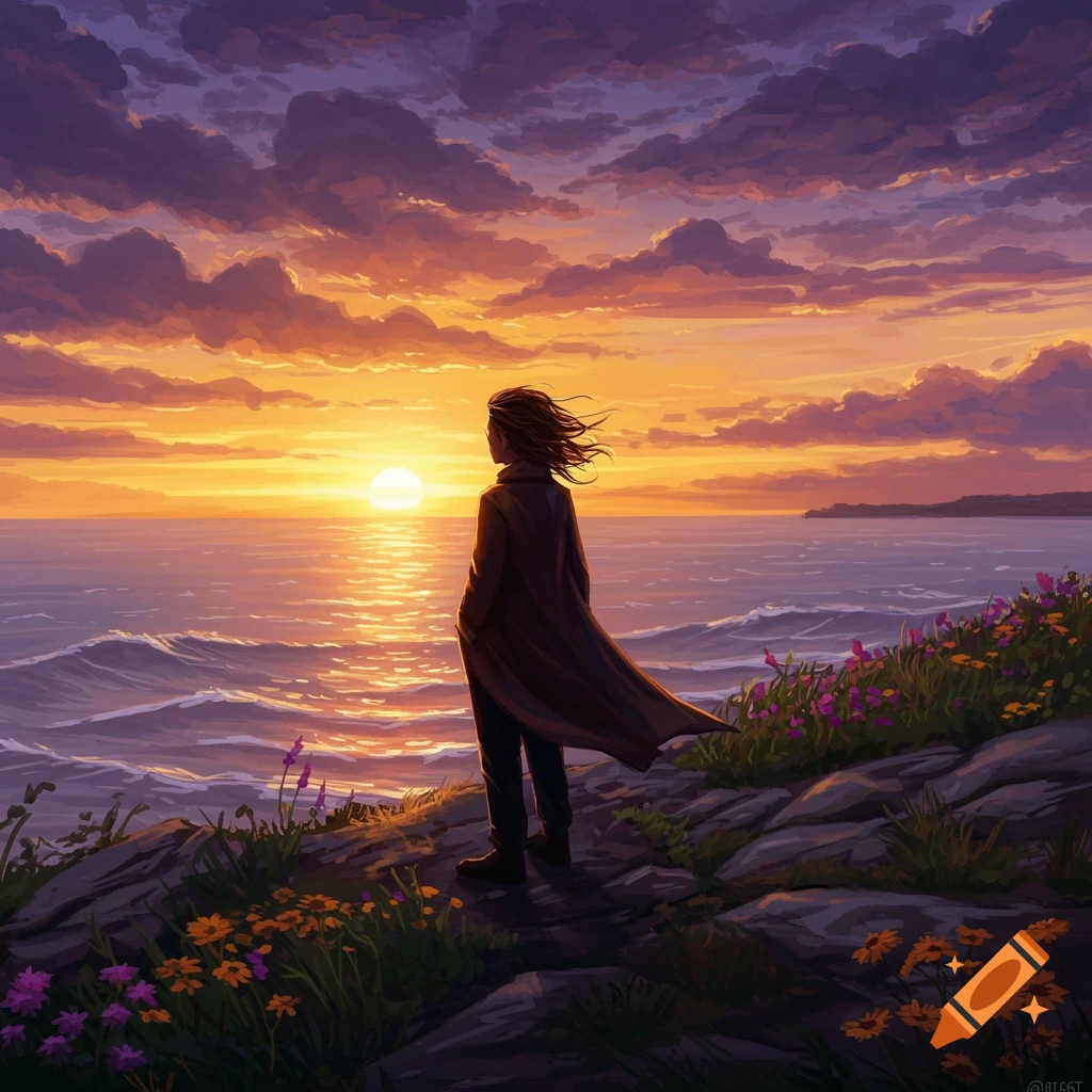 Person in a long coat stands on a cliff overlooking a vibrant orange and purple sunset over the ocean, with wildflowers in the foreground.