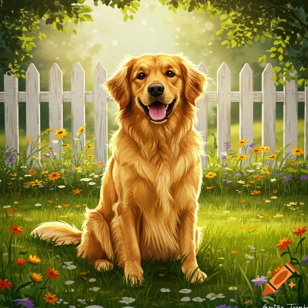 A happy Golden Retriever dog sits in a sunny garden with colorful flowers and a white picket fence.