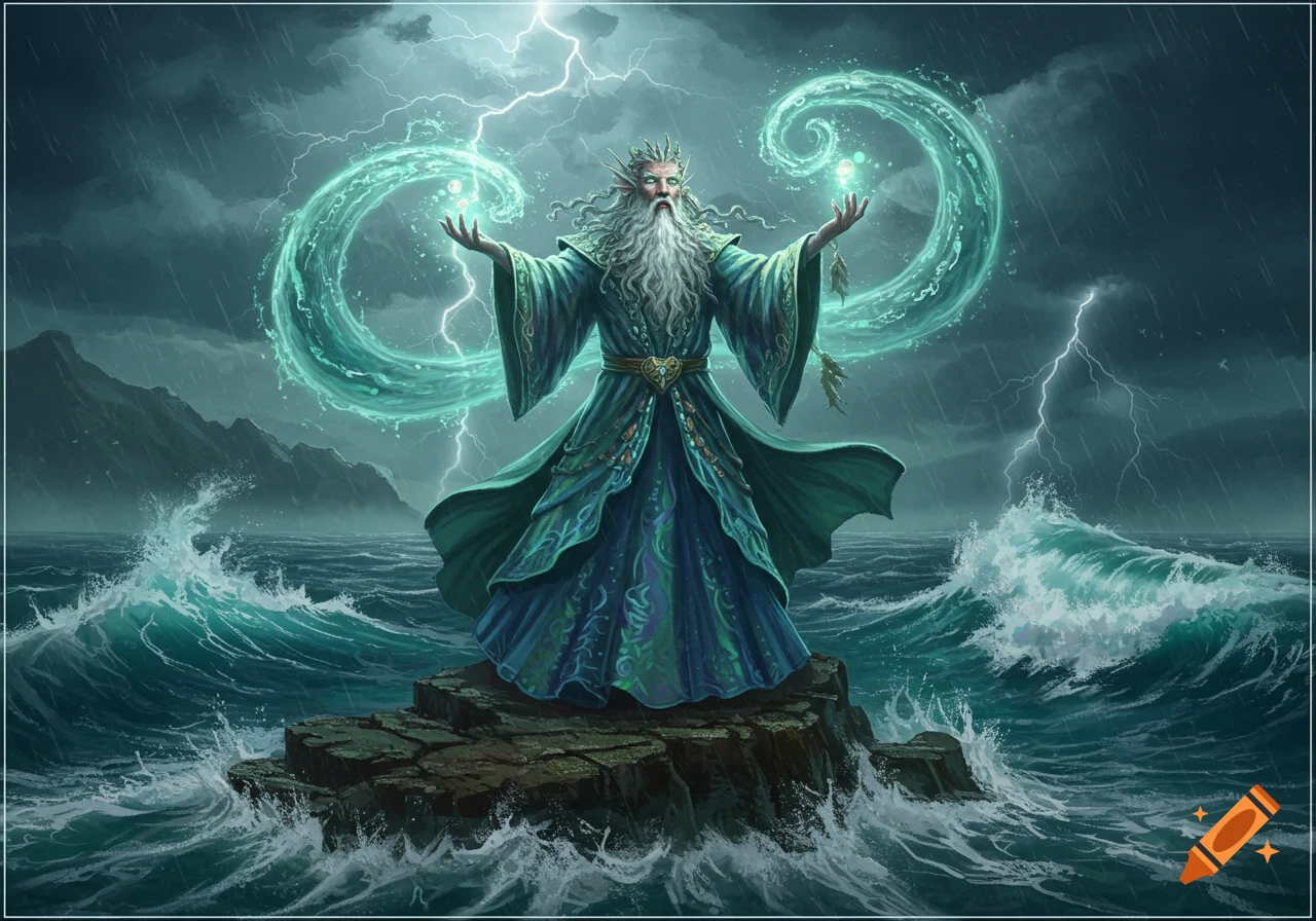 A sea wizard with a long beard stands on a rock in a stormy ocean, conjuring water magic with lightning in the sky.