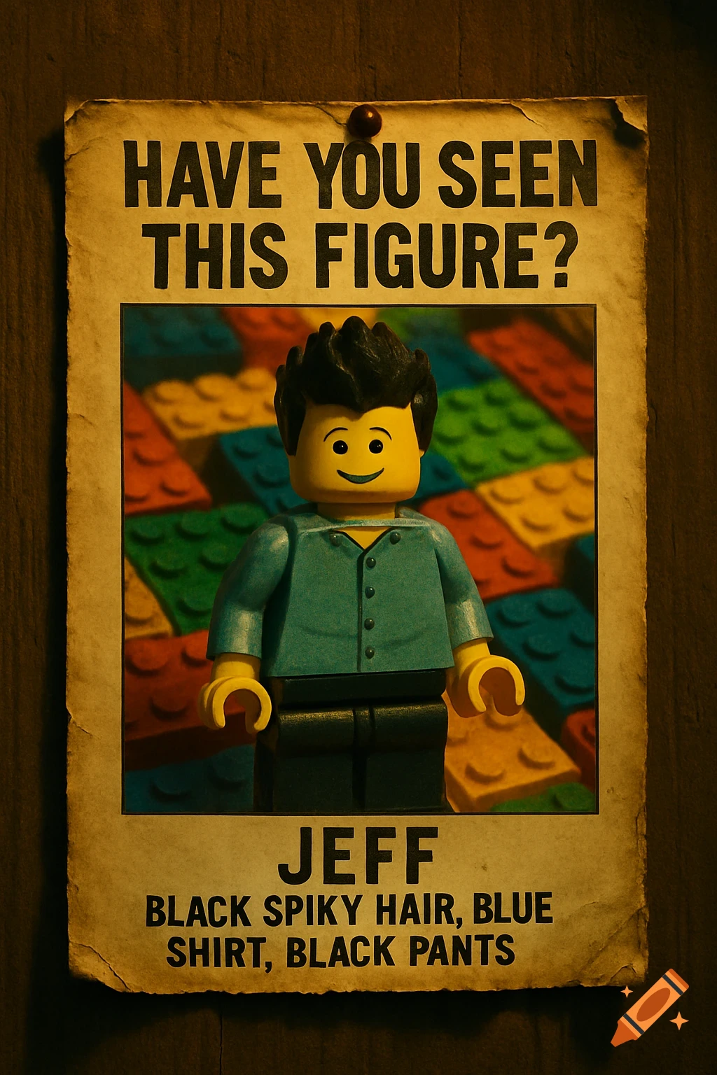 A vintage-style missing poster for a Lego minifigure named Jeff, with black spiky hair, a blue shirt, and black pants.